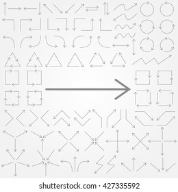 Big set of arrows. Gray isolated. Thin gray arrows. Vector illustration.
