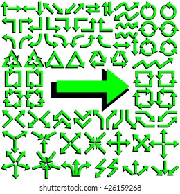 Big set of arrows. Green arrow and black shadow. Isolated on white background. Vector illustration.