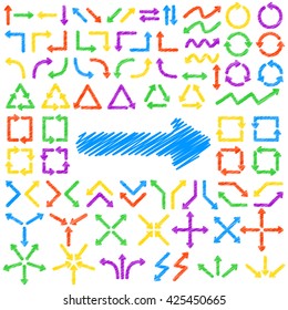 Big set of arrows. Scribble arrows. Color isolated on white background. Vector illustration.