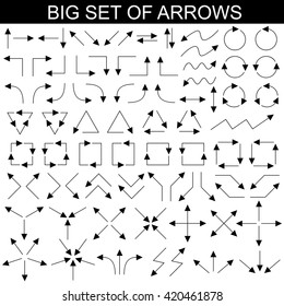 Big set of arrows. Thin arrows. Black isolated on white background. Vector illustration.
