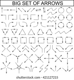 Big set of arrows. Thin arrows. Black isolated on white background. Vector illustration.