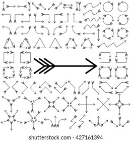 Big set of arrows. Thin arrows. Black isolated on white background. Vector illustration.