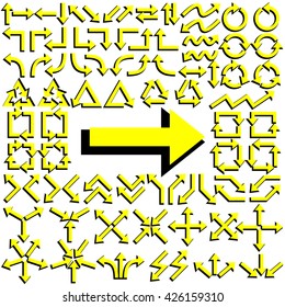 Big set of arrows. Yellow arrow and black shadow. Isolated on white background. Vector illustration.