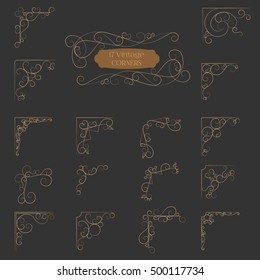 Big Set of Art Deco Frame, Elegant Border, Flourishes Corner Elements. Vintage Calligraphic Ornaments