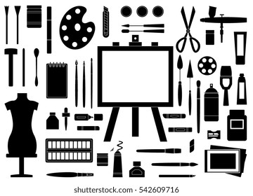 Big set of Art supplies silhouettes  isolated on white background, vector illustration for emblem, badge, flyer, cover. Flat style design elements, icons, symbols.
