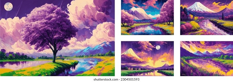 Big set of artistic oil pain beautiful landscape art illustration. Eps 10