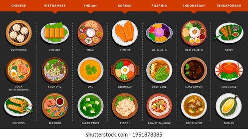 Big set of asian food. Vietnamese, Korean, Indonesian, Indian, Chinese, Filipino, Singaporean cuisine. Various food dishes. Vector flat illustration.