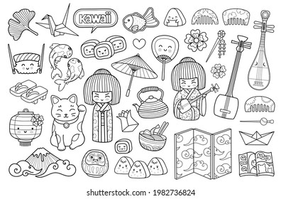 Big set of asian japanese symbols. Outline illustration for coloring book, tattoo, print, stickers. Japan, Tokyo, kokeshi doll, maneki neko, geisha, origami and koi carps.