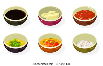 Big Set Of Asian Sauces, Pastes, Condiments, Seasonings In Bowls Soy, Cheese, Honey Mustard, Spicy Kimchi, Crushed Roasted Sesame Seeds And Peanuts. Korean Cuisine. Vector Isolated On White.