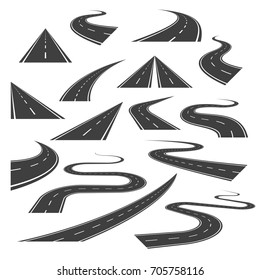 Big set of asphalt road curves, turns, bankings, and perspectives. Bending road, highway or roadway vector illustration. Collection of winding road design elements with white markings.