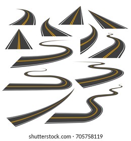 Big set of asphalt road curves, turns, bankings, and perspectives. Bending road, highway or roadway vector illustration. Collection of winding road design elements with white and yellow markings.