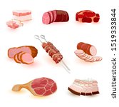 Big set with assortment of raw and prepared meaty products salo, high-fat bacon, sausage, kielbasa, salami, steak, fillet, ham, shashlik, barbeque, kebab, gigot. Cold cuts luncheon meats Cartoon