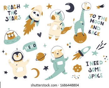 Big set of astronaut animals and space animals unicorn, panda, giraffe, penguin. otter. Adorable character design. Vector illustration