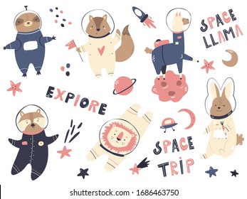 Big set of astronaut animals and space animals sloth, fox, llama, raccoon, lion, rabbit Adorable character design. Vector illustration