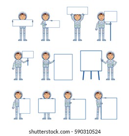Big set of astronaut characters posing with different blank banners. Cheerful spaceman holding banner, paper, poster, placard, pointing to whiteboard. Simple vector illustration