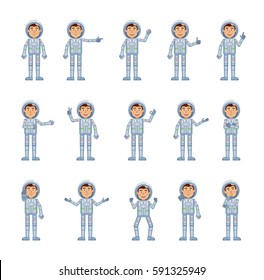 Big set of astronaut characters showing different hand gestures. Cheerful spaceman showing thumb up, pointing, greeting, victory, stop sign and other hand gestures. Simple vector illustration