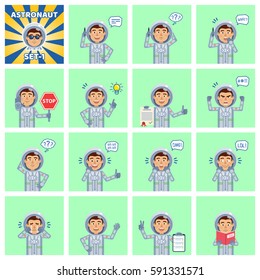 Big set of astronaut emoticons showing different actions, gestures, emotions. Cheerful spaceman talking on phone, holding stop sign, document, book and doing other actions. Simple vector illustration