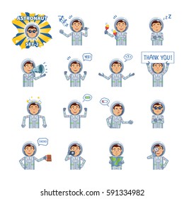 Big set of astronaut emoticons showing different actions, gestures, emotions. Cheerful spaceman singing, sleeping, holding loudspeaker, banner, map and doing other actions. Simple vector illustration