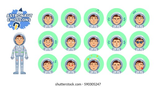 Big set of astronaut emoticons. Spaceman emojis showing different facial expressions. Happy, sad, smile, laugh, surprised, serious, dazed, kiss, in love and other emotions. Simple vector illustration