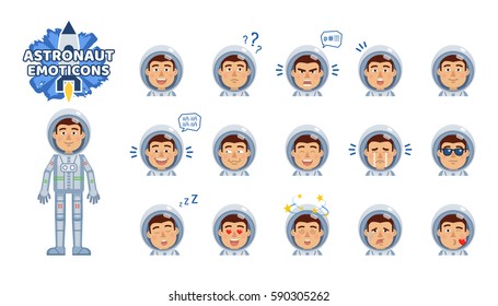 Big set of astronaut emoticons. Spaceman emojis showing different facial expressions. Happy, sad, smile, laugh, surprised, serious, dazed, kiss, in love and other emotions. Simple vector illustration