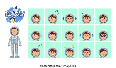 Big set of astronaut emoticons. Spaceman emojis showing different facial expressions. Happy, sad, smile, laugh, surprised, serious, dazed, kiss, in love and other emotions. Simple vector illustration