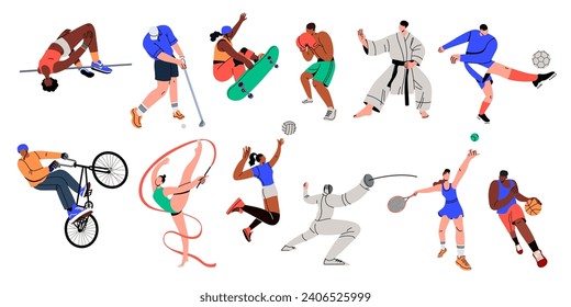 Gran escenario con los atletas de los deportes de verano. Esgrima, baloncesto, fútbol, voleibol, gimnasia, karate, ciclismo, golf, patinaje, tenis, boxeo, salto alto