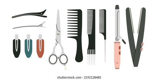 Big set with attributes of hairstyling process - scissors, comb, hairpins, curling iron. Products and equipment for haircuts and hair care in salon or at home.
Hand drawn vector illustration.