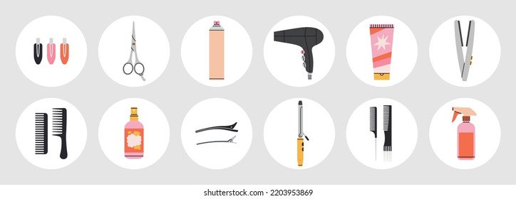 Grosses Set mit Eigenschaften des Haarstylings - Scheren, Kamm, Haarnadeln, Eisen, etc. Produkte und Ausrüstung für Haarschnitt und Haarpflege. Symbole, Highlights. Handgezeichnete Vektorgrafik.