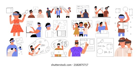A big set of augmented reality interaction concepts. People in AR glasses study courses, work, play. Set vr scenes. Vector illustration in flat style