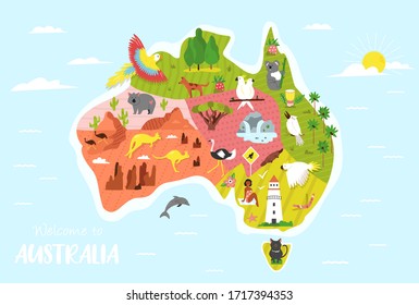 Big set of Australian animals and symbols. Vector illustration in a flat style