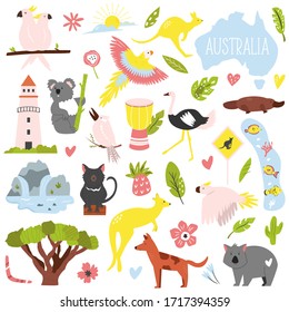 Big set of Australian animals and symbols. Vector illustration in a flat style