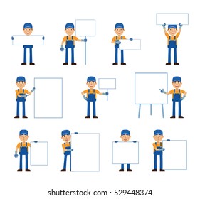 Big set of auto mechanic characters posing with different blank banners. Cheerful mechanic holding paper, poster, placard, pointing to whiteboard. Teach, advertise, promote. Flat vector illustration