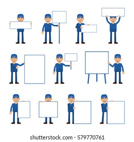Big set of auto mechanic characters posing with different blank banners. Cheerful worker holding paper, poster, placard, pointing to whiteboard. Teach, advertise, promote. Simple vector illustration