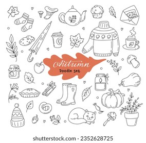 Big set of autumn elements in doodle style.
