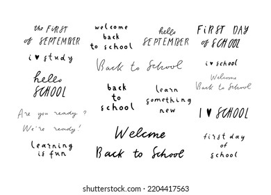 Big set of Autumn, fall back to school handwriting lettering, isolated on white background. Greeting study text and quotes clip art collection. Vector illustration