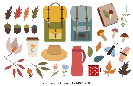 Big set of autumn fall details - backpacks, mushrooms, leaves, acorns, butterflies, teapot and cups. 32 vector elements isolated on white. Traveling with backpack. Fall season, forest hiking, foliage.