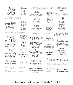 Big set of Autumn, fall handwriting lettering, isolated on white background. Greeting text and quotes clip art collection. Vector illustration
