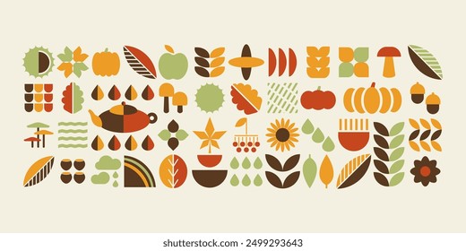 Big set of autumn fall shapes, geometric bauhaus minimalistic elements for design, contemporary natural organic harvest background, vector banner