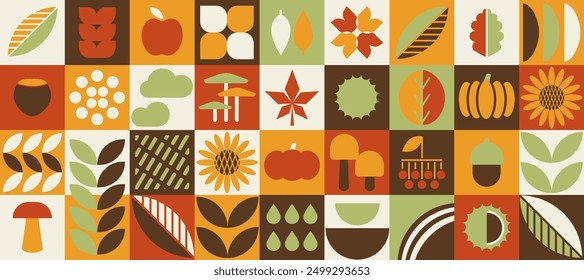 Big set of autumn fall shapes, geometric bauhaus minimalistic elements for design, contemporary natural organic harvest background, vector banner