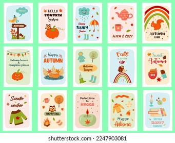 Big set of autumn greeting cards. Cozy quotes and cute things. Print as a card or a cozy poster. Autumn, harvest festival, thanksgiving day, cozy season, halloween concept.