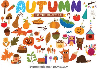 Big set of Autumn hand drawn elements- fall leaves, forest animals and other. Perfect for web, card, poster or t-shirt. Vector illustration