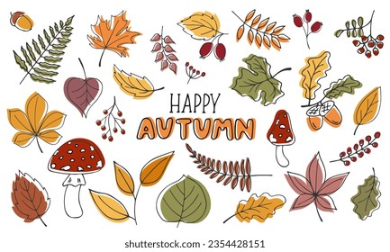 Gran conjunto de hojas de otoño. Colección de caídas de plantas forestales dibujadas a mano. Ilustración botánica del contorno del doodle. El color otoñal deja el fondo