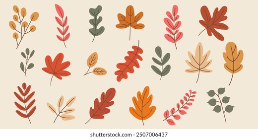 Big set of autumn leaves. Hand drawn cute and cozy fall design elements.