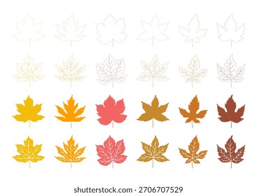 Gran conjunto de hojas de arce de otoño en estilo de línea de arte y siluetas. Colección de la hoja de la caída en el fondo blanco. Follaje en colores rosa, naranja, amarillo y marrón. Ilustración vectorial