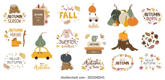 Big set of autumn mood lettering and doodle illustrations - pumpkins, stumps, leaves, sweater, seeds, boots. Cute and pretty decorations.