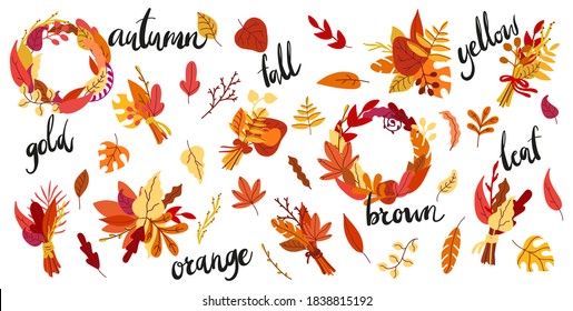 A big set of autumn plant decor elements and handwritten lettering. Collection of bright fall leaves compositions, bouquet, wreath. Vector illustration.