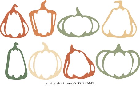 big set of autumn pumpkins logos drawn with curved contours in pastel autumn color in abstract style, vector
