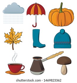 Big set of autumn symbols. Isolated vector object on the white background.