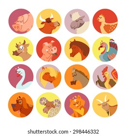 Big set of avatars of cute cartoon farm animals and birds. Isolated on white background.Dog,cow,sheep,pig,horse,goat,goose,rooster,turkey. Vector illustration