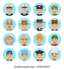 Big set of avatars. Different occupations, emoticons, emoji. Policeman, doctor, detective, astronaut, firefighter, worker, auto mechanic, pilot and other occupations. Flat style vector illustration